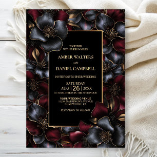 Modern Black Burgundy Grey Floral Wedding Invitation