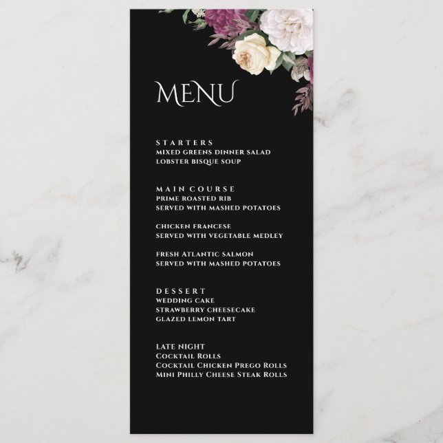 Modern Black Burgundy Peonies Wedding Menu Card (Front)