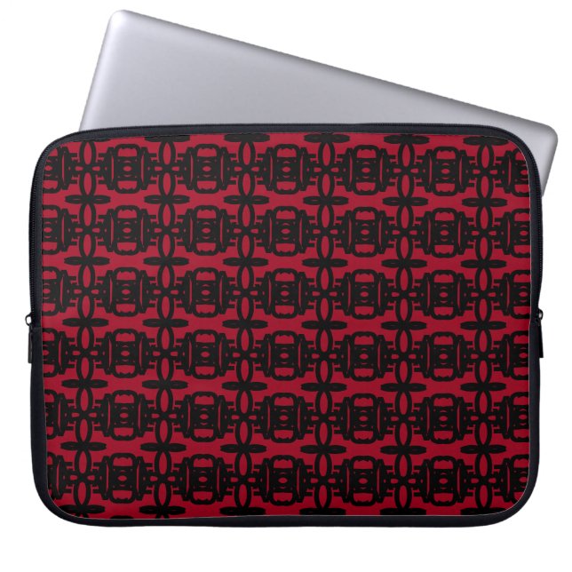 Modern Black & Burgundy Red Circle Pattern Laptop Sleeve (Front)