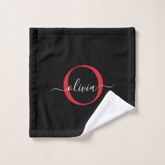 Modern Black Burgundy Red Monogram Script Name Bath Towel Set