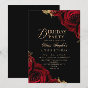 Modern Black Burgundy Roses Floral 50th Birthday Invitation