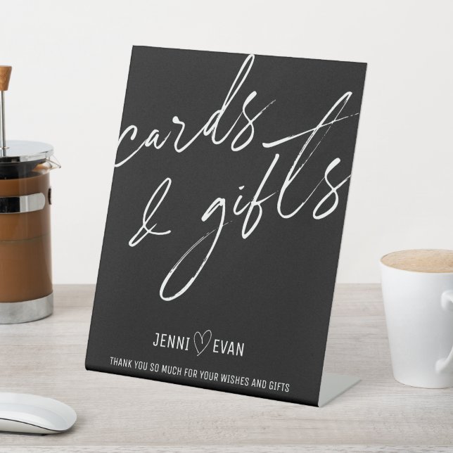 Modern Black Calligraphic Cards and Gifts Wedding Pedestal Sign (In SItu)