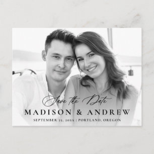 Modern Black Calligraphy Photo Save the Date Announcement Postcard