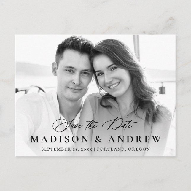 Modern Black Calligraphy Photo Save the Date Announcement Postcard (Front)