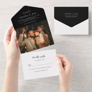 Modern Black Calligraphy Photo Wedding Rsvp All In One Invitation