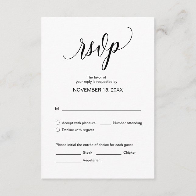 Modern Black Calligraphy, Wedding Dinner RSVP Enclosure Card (Front)