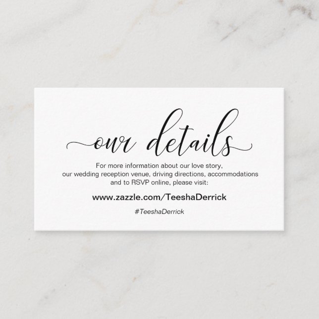 Modern black calligraphy, Wedding Our Details Enclosure Card (Front)