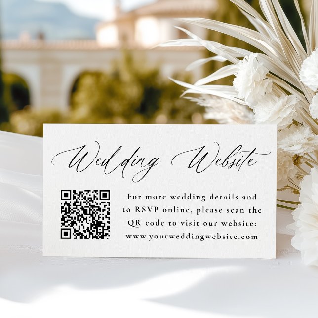 Modern Black Calligraphy Wedding Website QR Code Enclosure Card (Creator Uploaded)