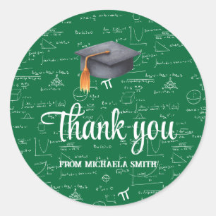 Modern Black Cap Green Math Graduation Thank You Classic Round Sticker