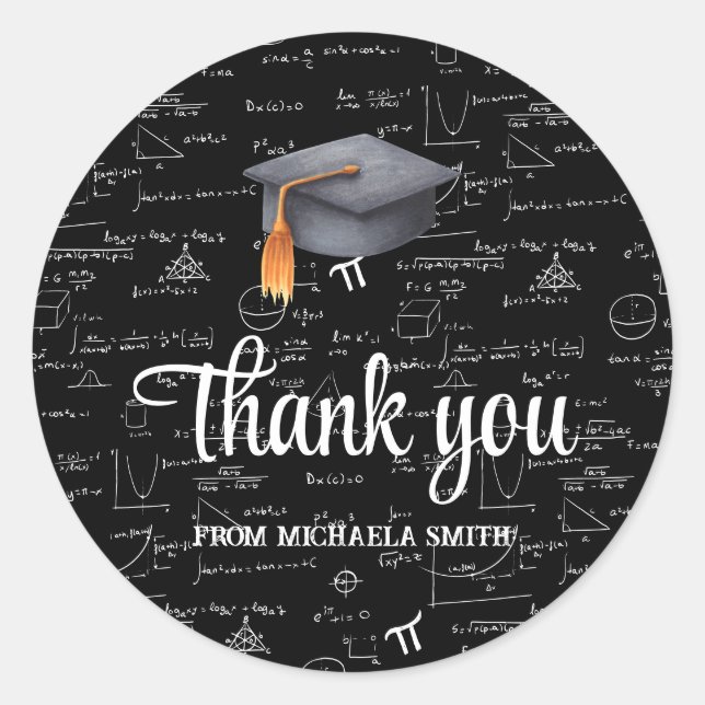 Modern Black Cap Math Graduation Thank You Classic Round Sticker (Front)