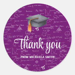 Modern Black Cap Purple Math Graduation Thank You Classic Round Sticker