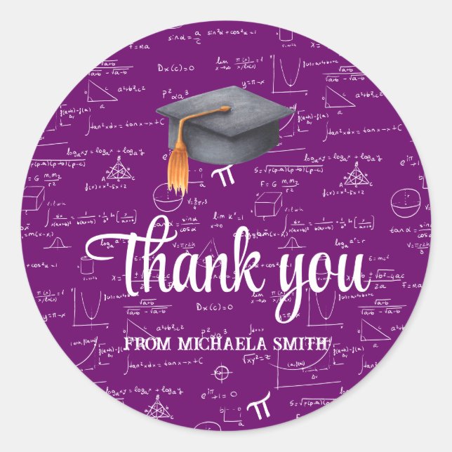 Modern Black Cap Purple Math Graduation Thank You Classic Round Sticker (Front)