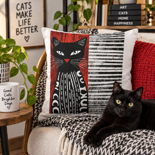 Modern Black Cat Abstract Folk Art Design Cushion