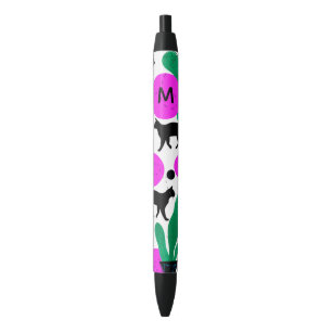 Modern Black Cat and Cactus Pattern Monogram Black Ink Pen