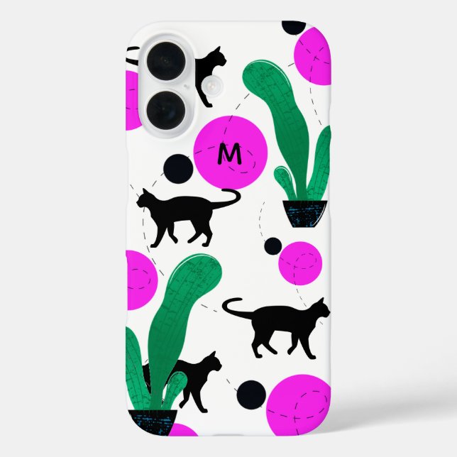 Modern Black Cat and Cactus Pattern Monogram Case-Mate iPhone Case (Back)