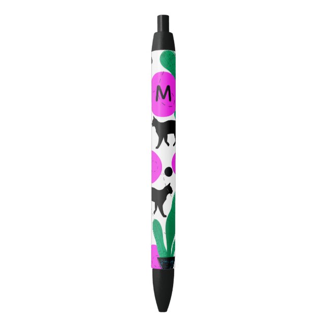 Modern Black Cat and Cactus Pattern Monogram Ink Pen (Front Vertical)