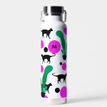 Modern Black Cat and Cactus Pattern Monogram Water Bottle<br><div class="desc">Cool black cat and cactus with trendy dots pattern.</div>
