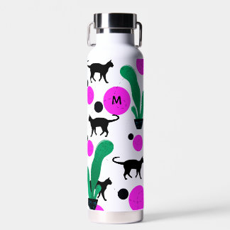 Modern Black Cat and Cactus Pattern Monogram Water Bottle