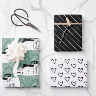 Modern Black Cat and Plants Pattern Wrapping Paper Sheet