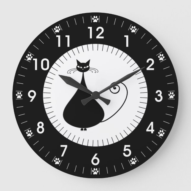 Modern Black Cat with Paw Prints Large Clock (Front)
