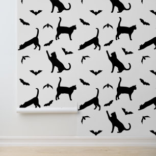 Modern Black Cats And Bats Pattern Cute Halloween Wallpaper