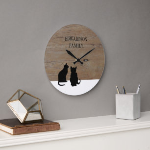 Modern black Cats silhouettes wood family name Large Clock