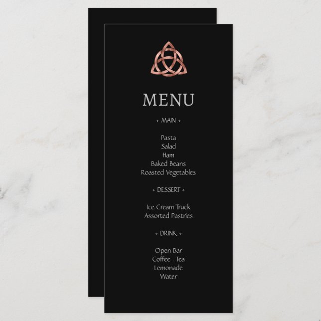 Modern Black Celtic Knot Rose Gold Wedding Menu (Front/Back)