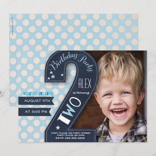 Modern black chalkboard & blue dot second birthday invitation (Front/Back)