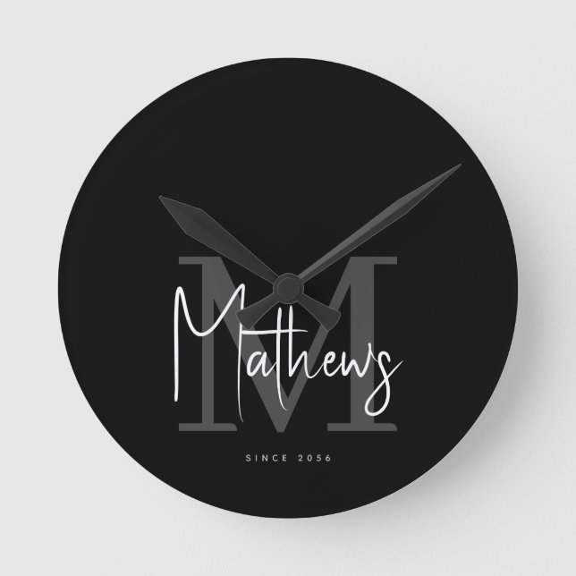 Modern Black Charcoal Grey Monogram Family Name Round Clock (Front)