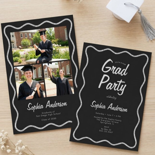 Modern Black Charcoal Photo Collage Graduation Invitation (Creator Uploaded)