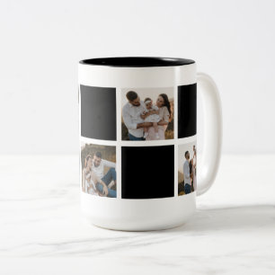 Modern Black Chequered Family Photo Collage Two-Tone Coffee Mug