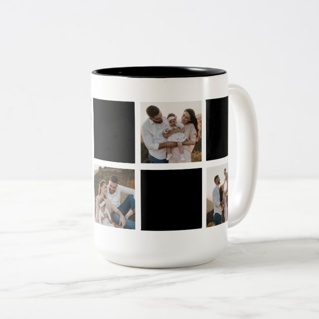 Modern Black Chequered Family Photo Collage Two-Tone Coffee Mug (Front Right)