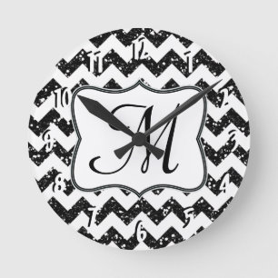 Modern Black Chevron Monogram Initial Wall Clock