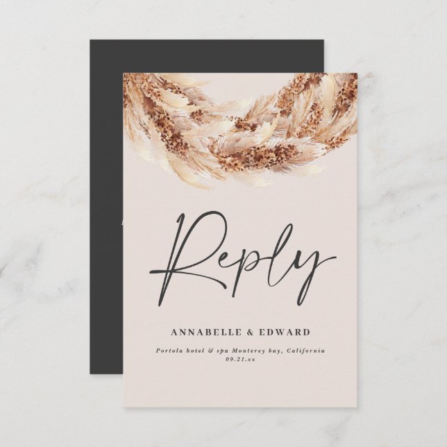 Modern black chic rustic pampas grass wedding RSVP (Front/Back)