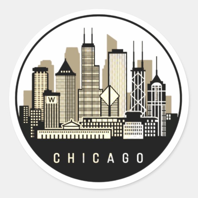 Modern Black Chicago Illinois Skyline Classic Round Sticker (Front)