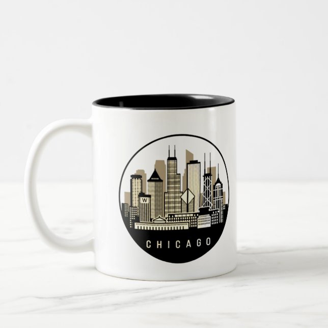 Modern Black Chicago Illinois Skyline Two-Tone Coffee Mug (Left)