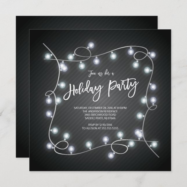 Modern Black Christmas Lights Holiday Party Invitation (Front/Back)
