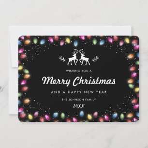 Modern Black Christmas Lights Reindeer Snow Holiday Card