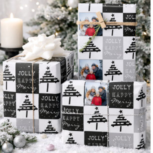 Modern Black Christmas Tree Family Photo Wrapping Paper Sheet