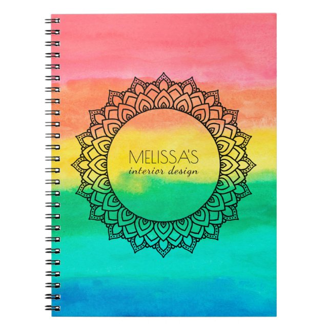 Modern Black Circle Mandala Watercolors Background Notebook (Front)