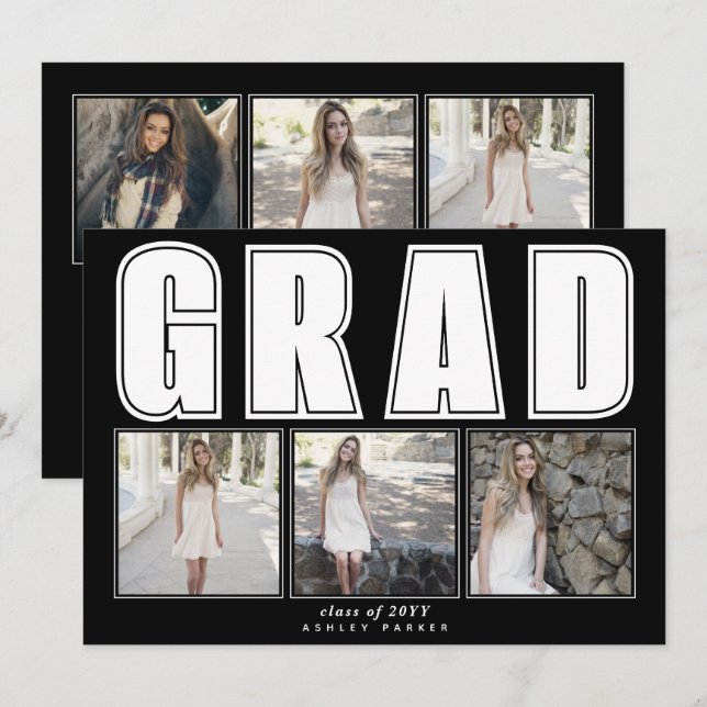 Modern black Class of 2025 GRAD graduation Announcement (Front/Back)