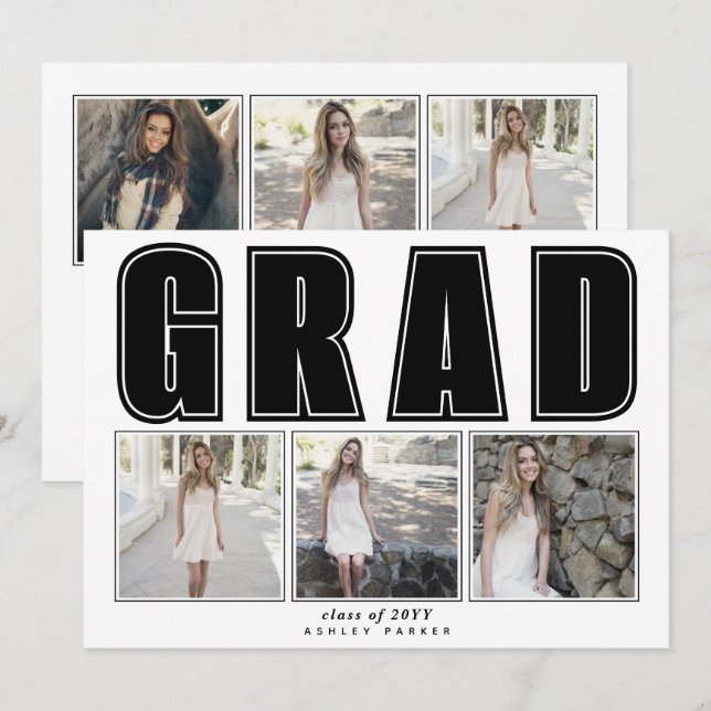 Modern black Class of 2025 GRAD graduation Invitation (Front/Back)