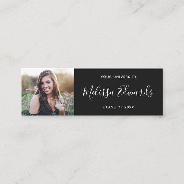 Modern black class of graduation photo name card (Front)