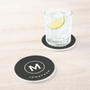 Modern Black Classic Monogram Name Stone Coaster