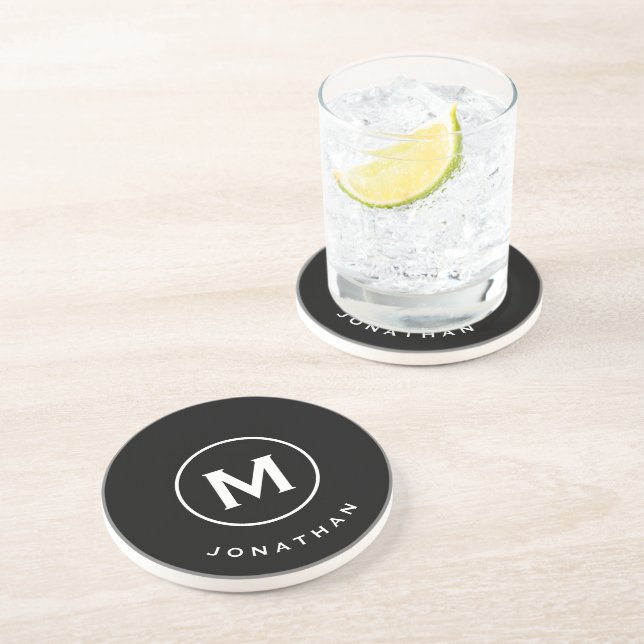 Modern Black Classic Monogram Name Stone Coaster (Side)