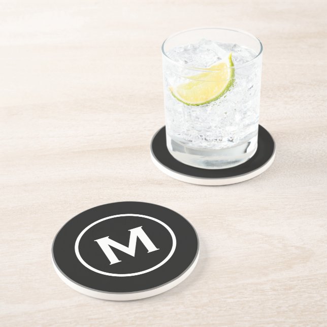 Modern Black Classic Monogram Stone Coaster (Side)