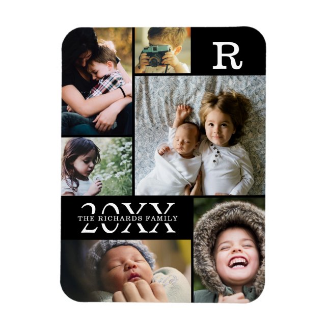 Modern Black Color Block Family 6 Photo Collage Magnet (Vertical)