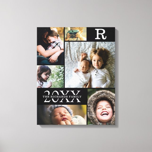 Modern Black Colour Block Family 6 Photo Collage Canvas Print (Front)