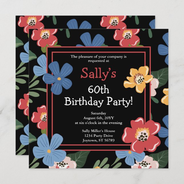 Modern Black Colourful Floral 60th Birthday Party Invitation (Front/Back)