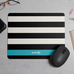 Modern Black, Cream & Turquoise Stripe Mouse Pad
